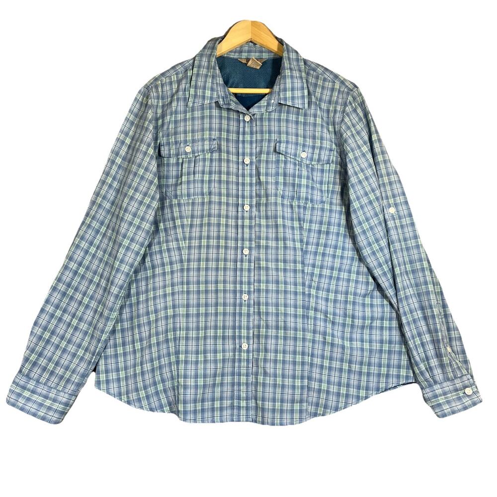Duluth Shirt Women's XL Blue Plaid Nylon Blend Button Up Roll Tab Sleeve Vented
